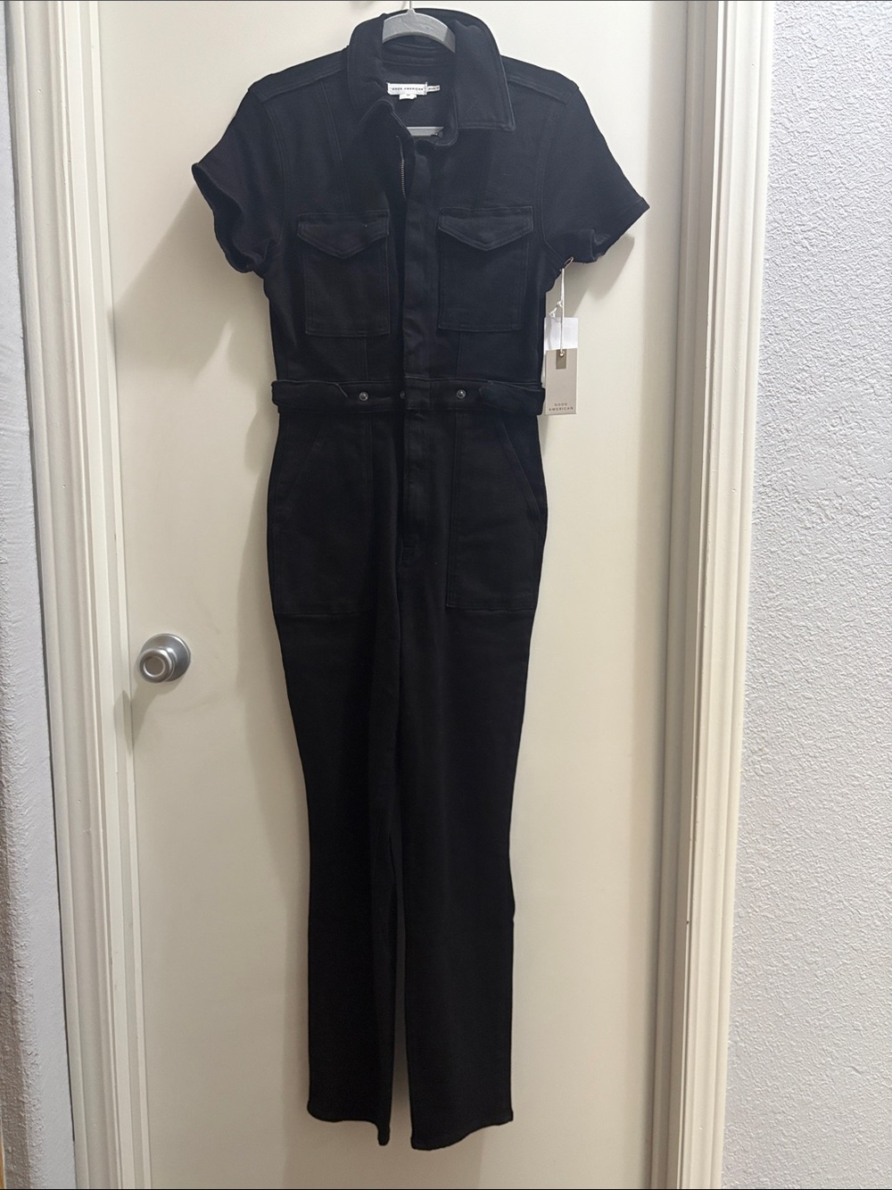 Good American Black Denim Short-Sleeve Jumpsuit
